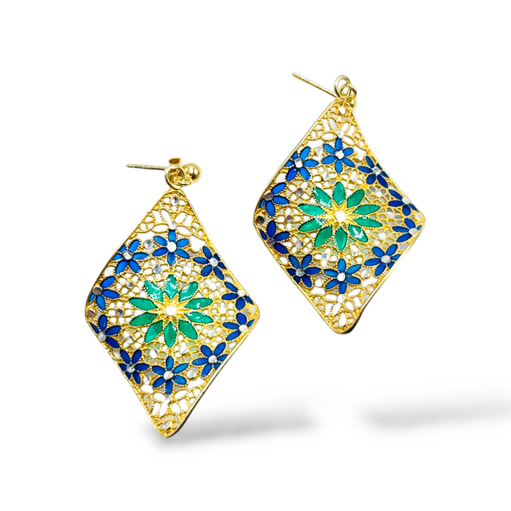 Filigree enameled silver flower earrings