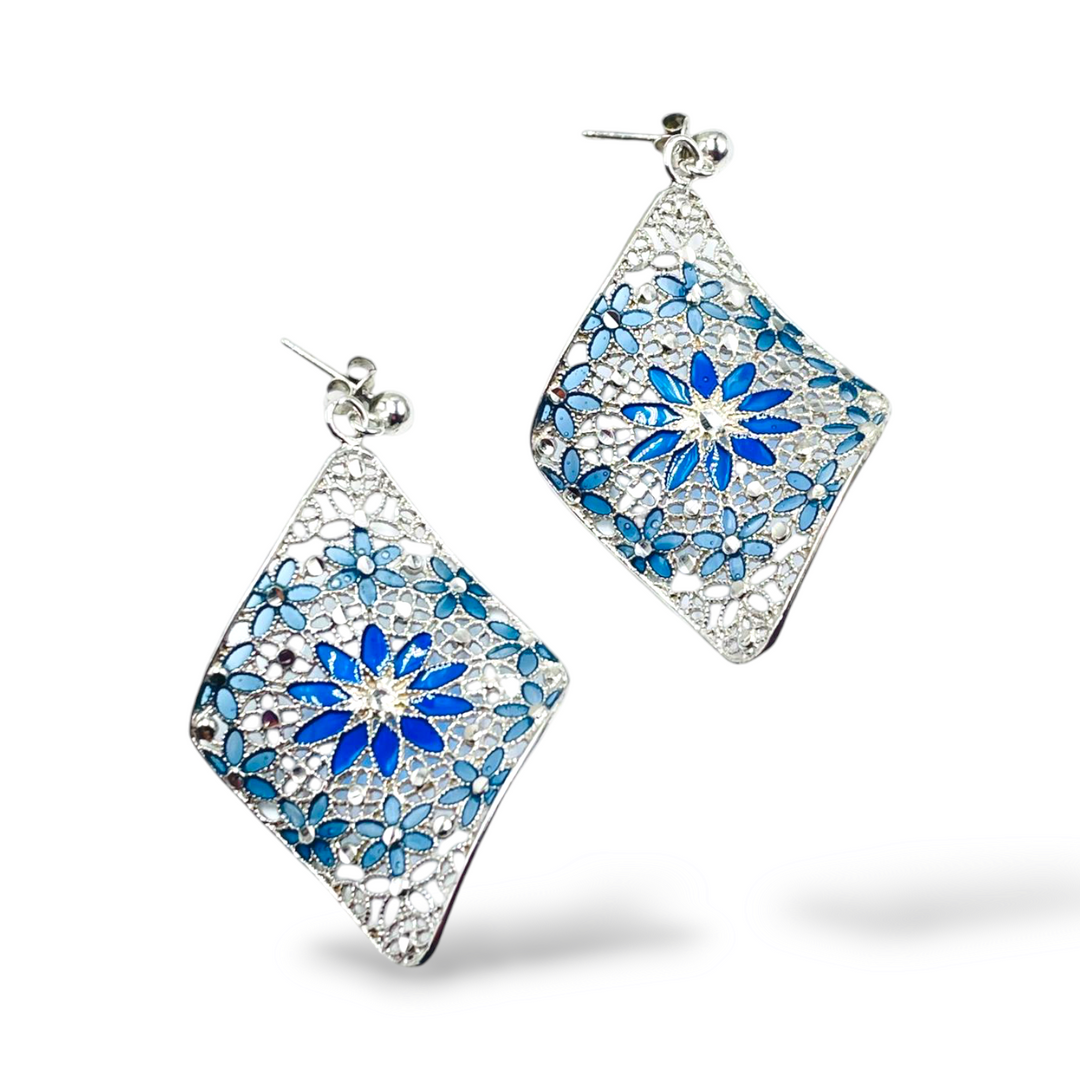 Filigree enameled silver flower earrings