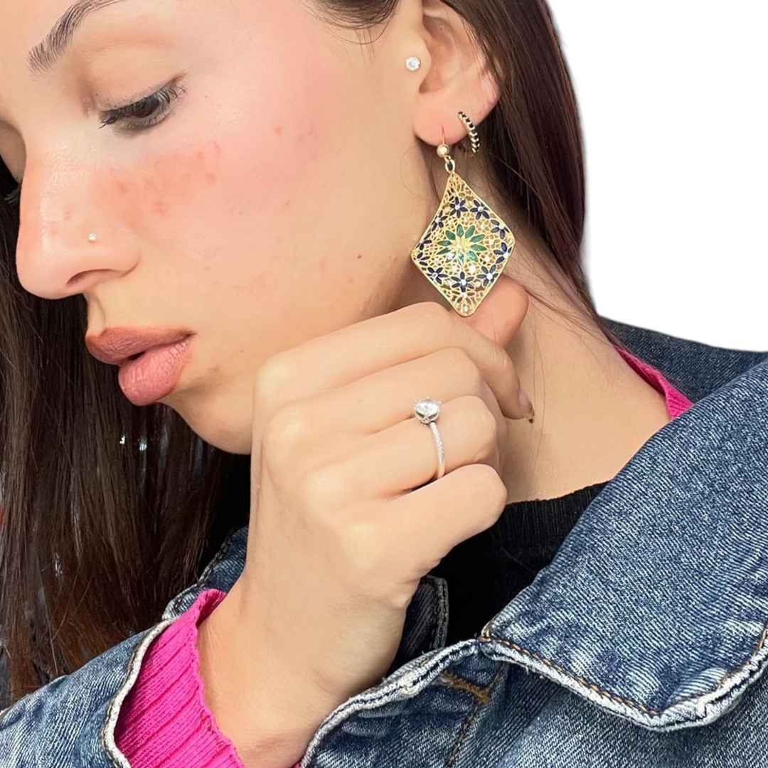 Filigree enameled silver flower earrings