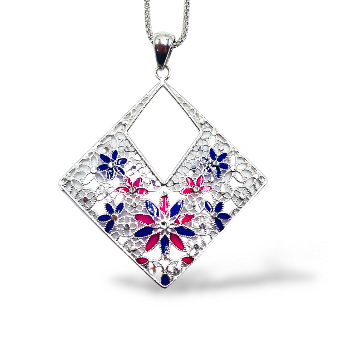 Enamelled silver flower necklace with filigree workmanship
