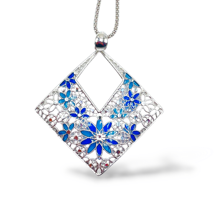 Enamelled silver flower necklace with filigree workmanship