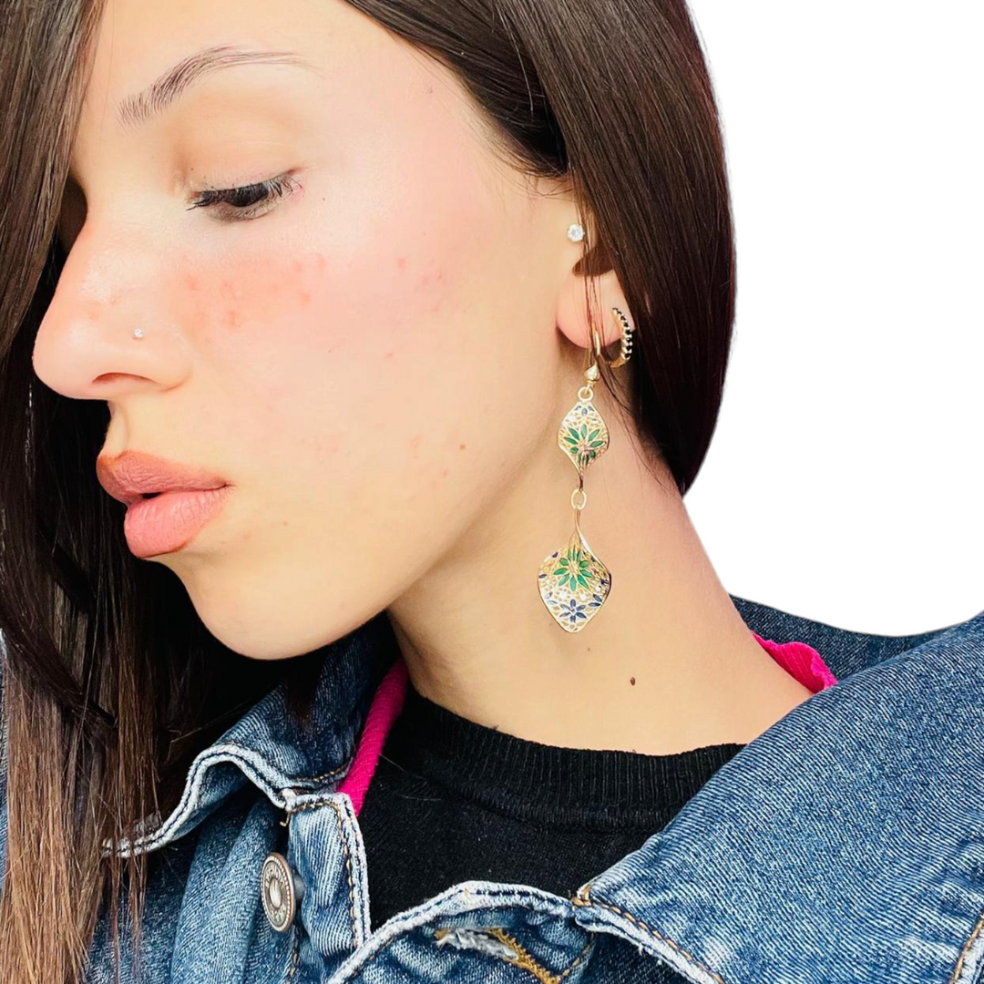 Filigree enameled silver flower earrings