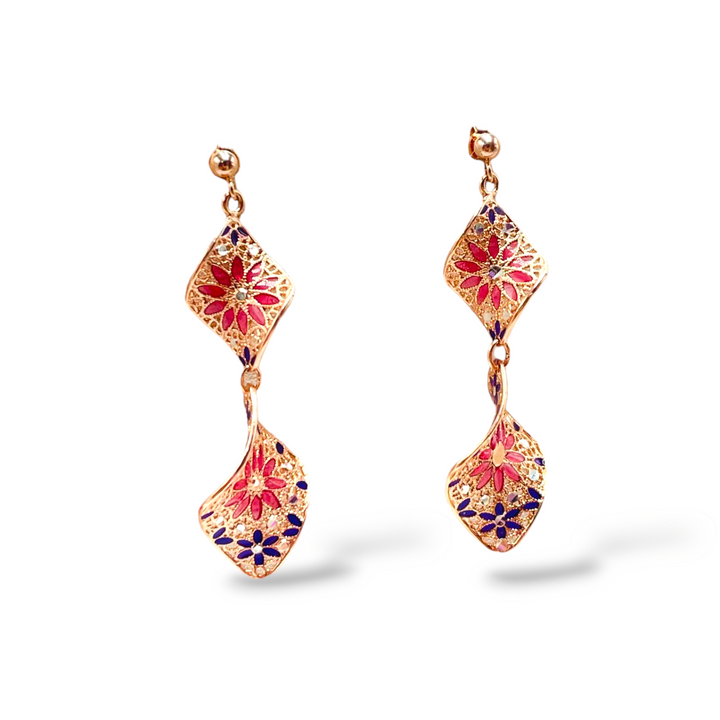 Filigree enameled silver flower earrings