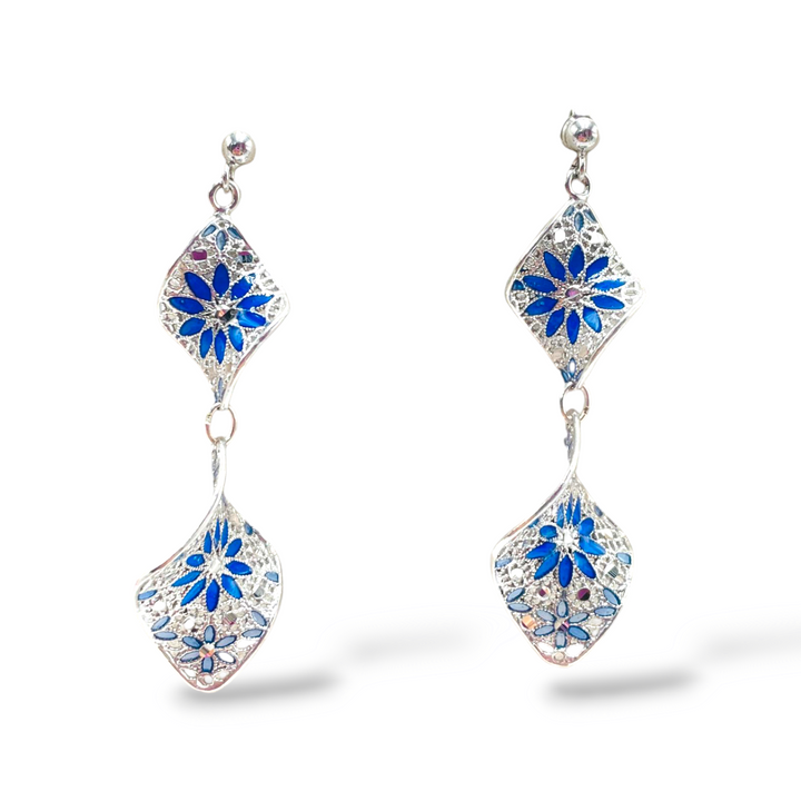 Filigree enameled silver flower earrings
