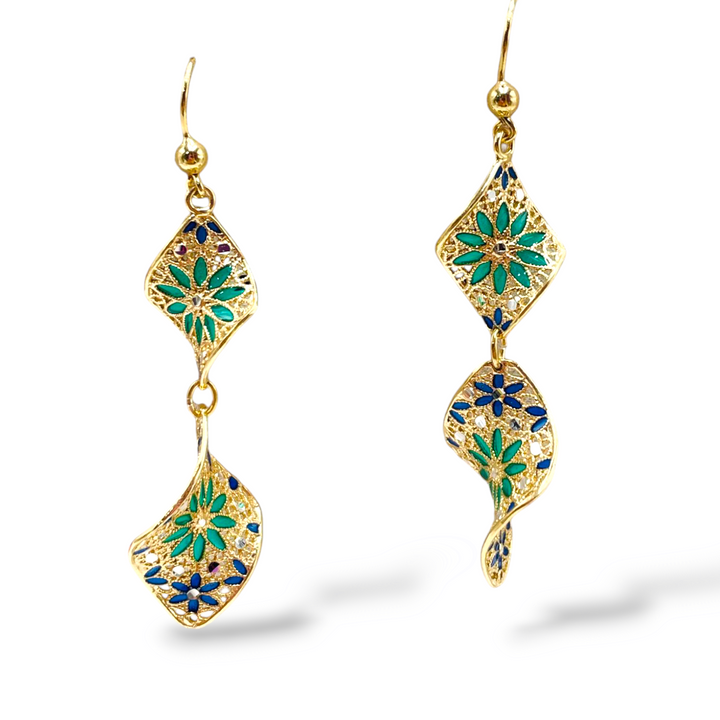 Filigree enameled silver flower earrings