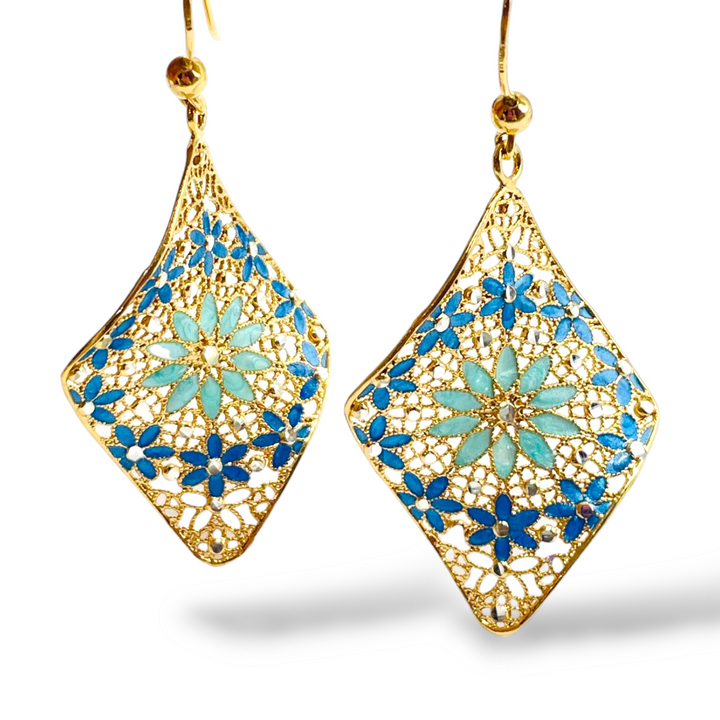 Filigree enameled silver flower earrings