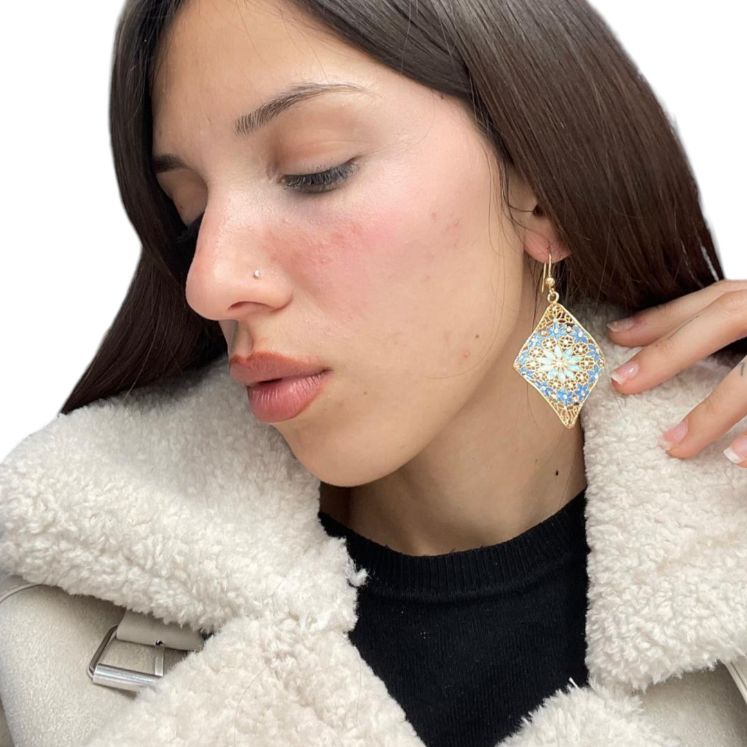 Filigree enameled silver flower earrings