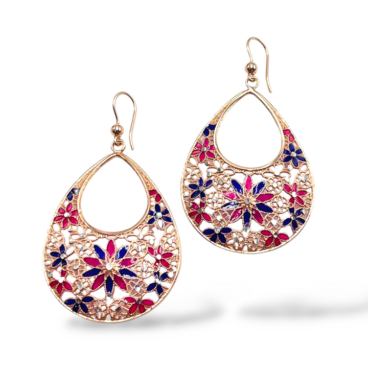 Filigree enameled silver flower earrings