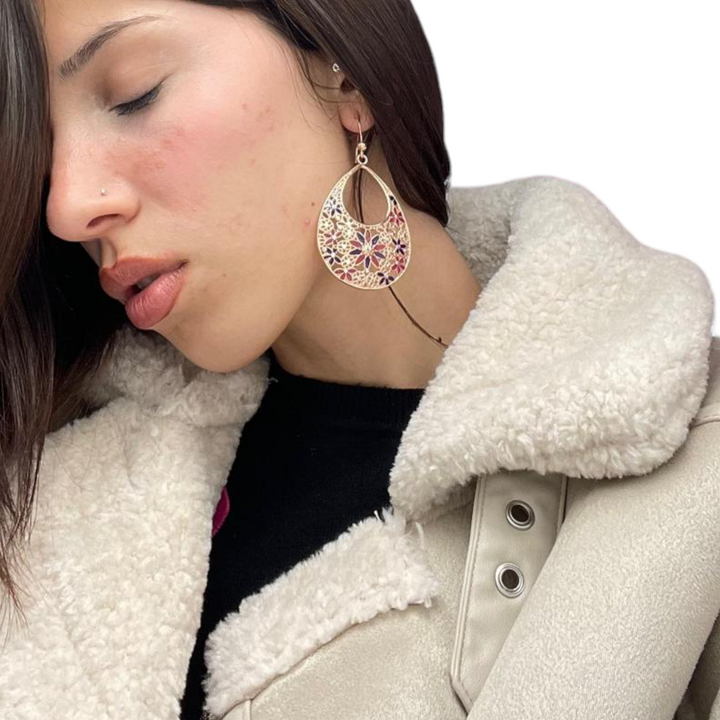 Filigree enameled silver flower earrings