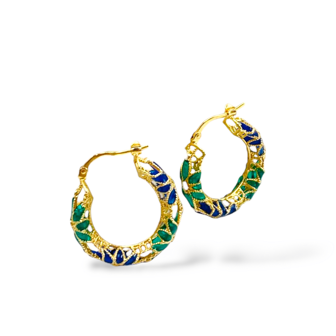 Filigree enameled silver flower hoop earrings