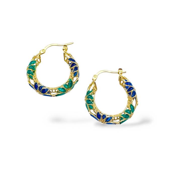 Filigree enameled silver flower hoop earrings