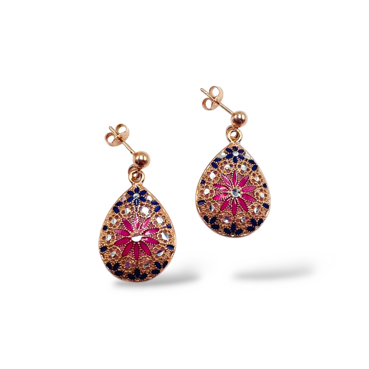 Filigree enameled silver flower earrings