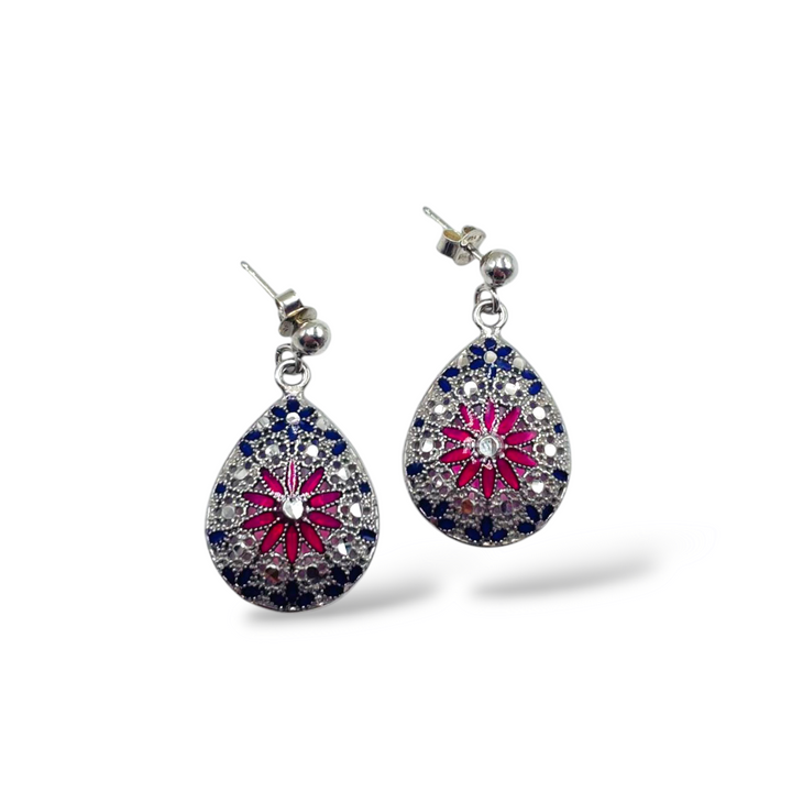 Filigree enameled silver flower earrings
