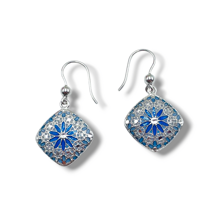 Filigree enameled silver flower earrings