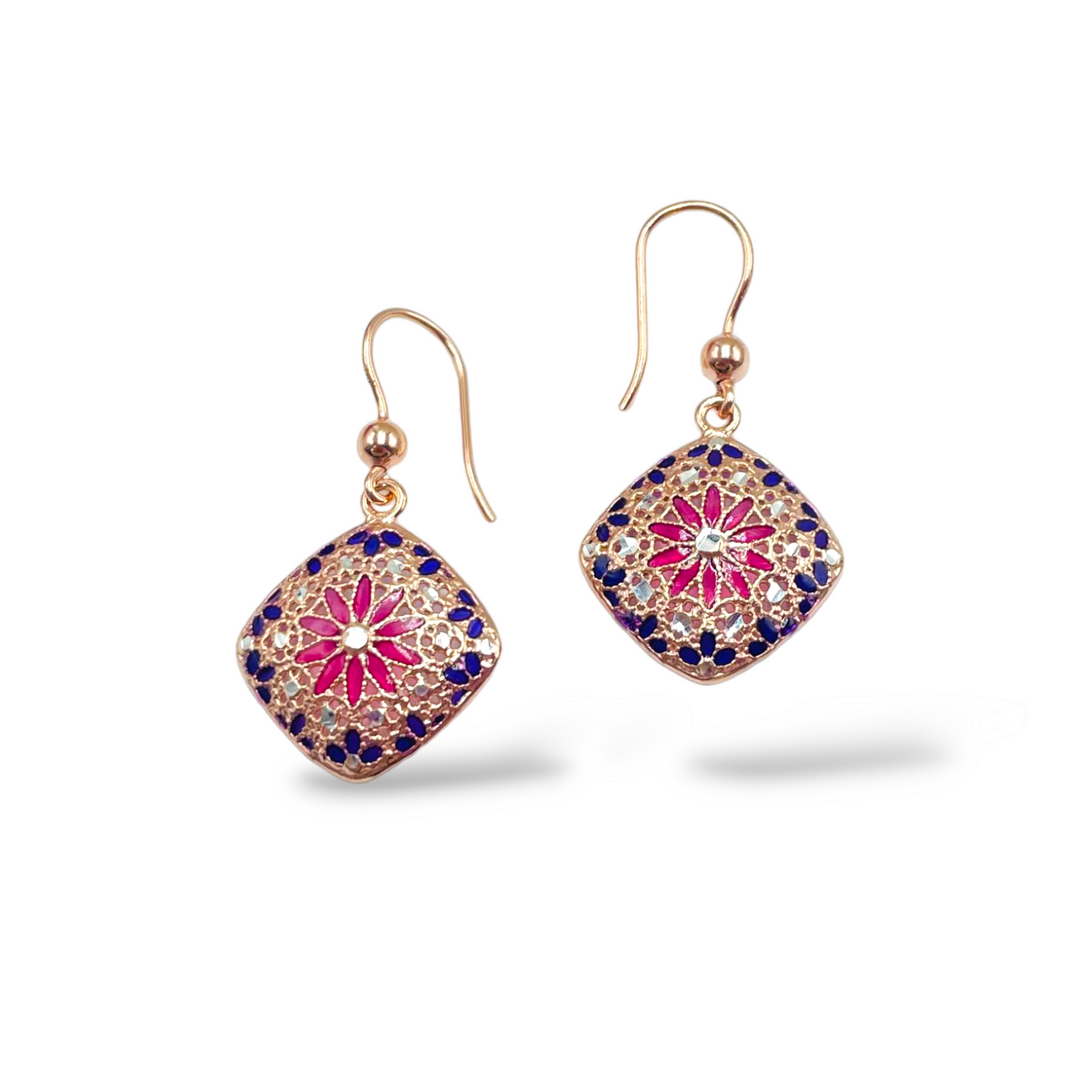 Filigree enameled silver flower earrings