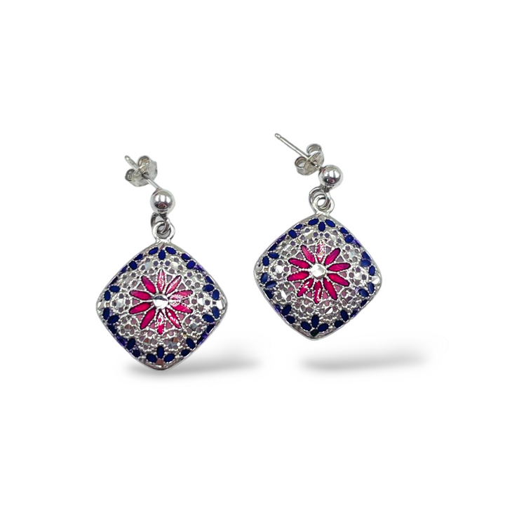 Filigree enameled silver flower earrings