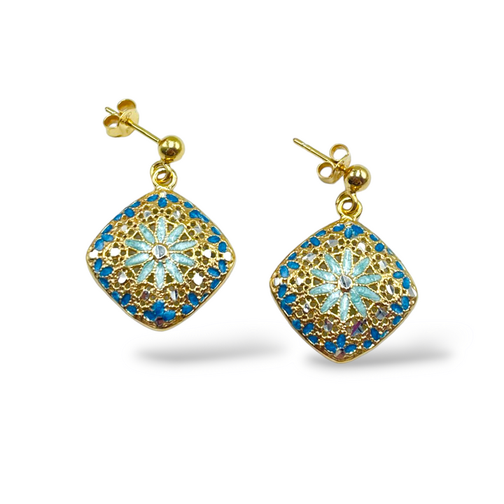 Filigree enameled silver flower earrings