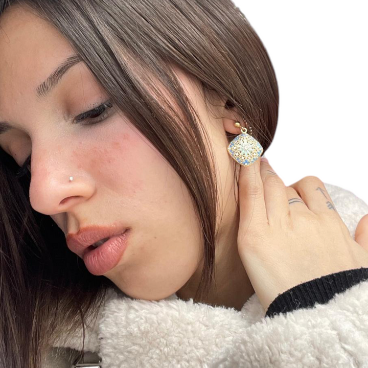 Filigree enameled silver flower earrings