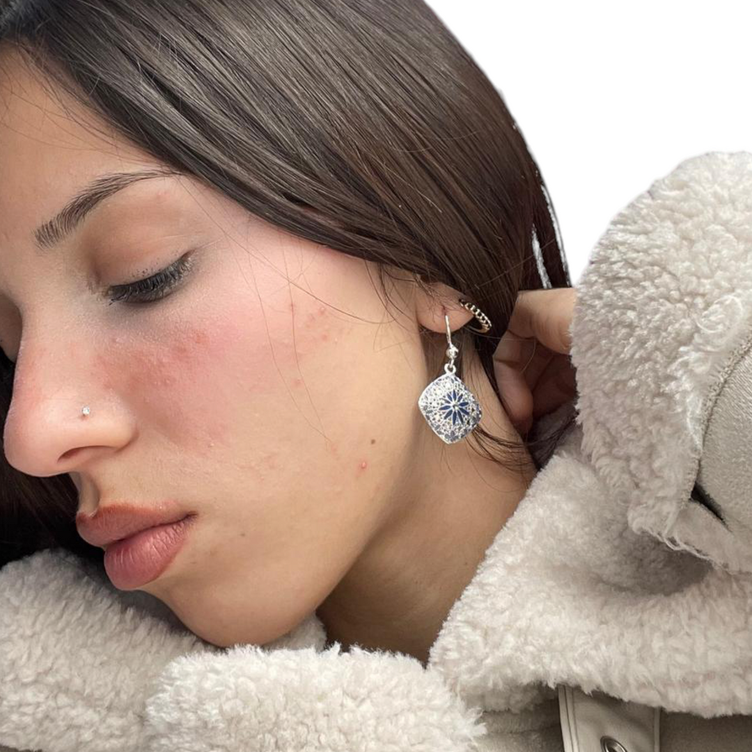 Filigree enameled silver flower earrings