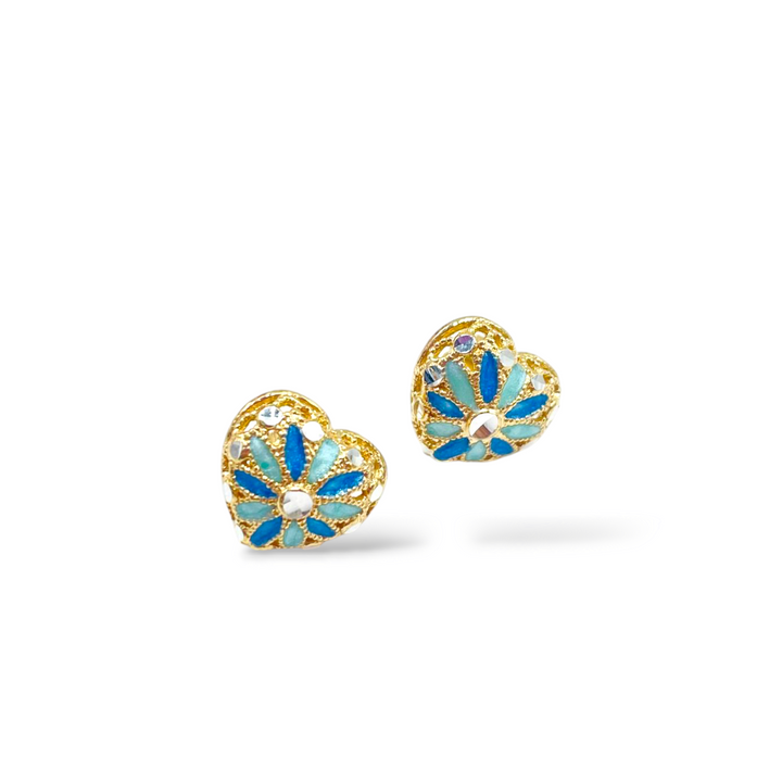 Enamelled silver heart earrings with filigree workmanship