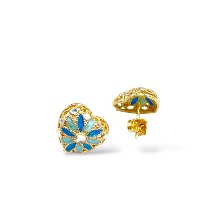 Enamelled silver heart earrings with filigree workmanship