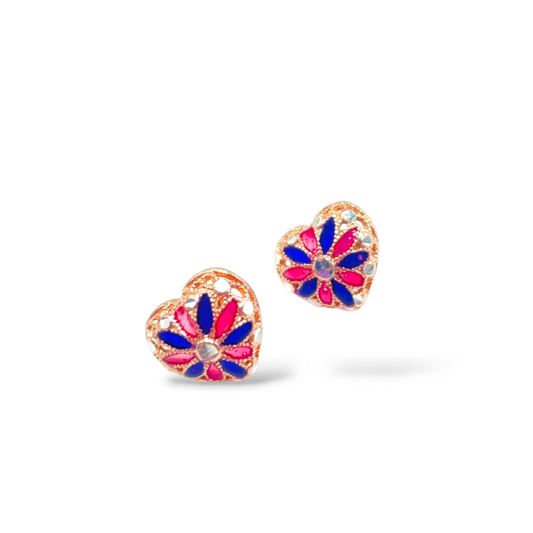 Enamelled silver heart earrings with filigree workmanship