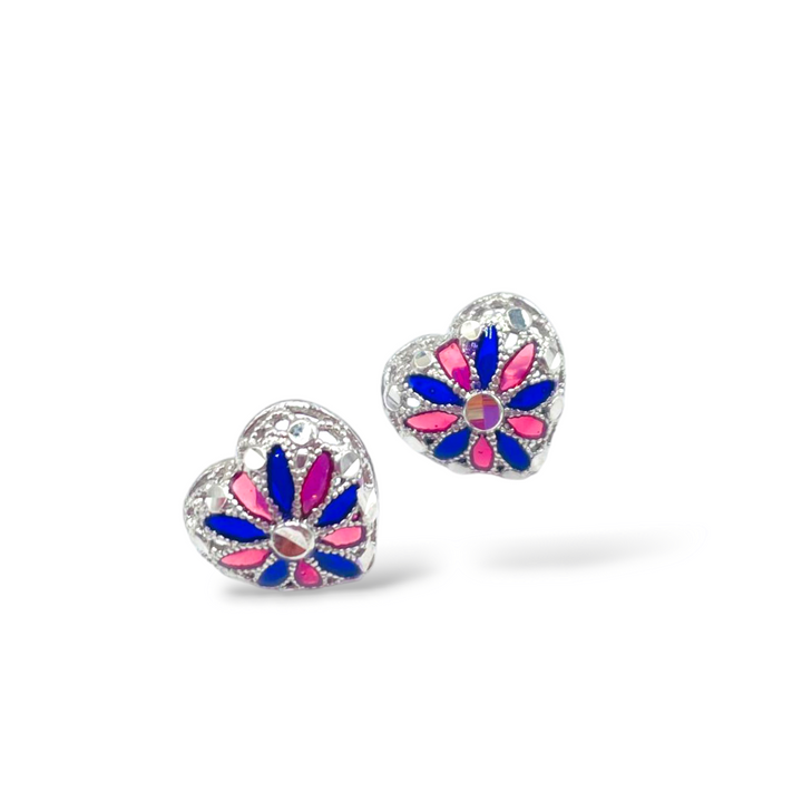 Enamelled silver heart earrings with filigree workmanship