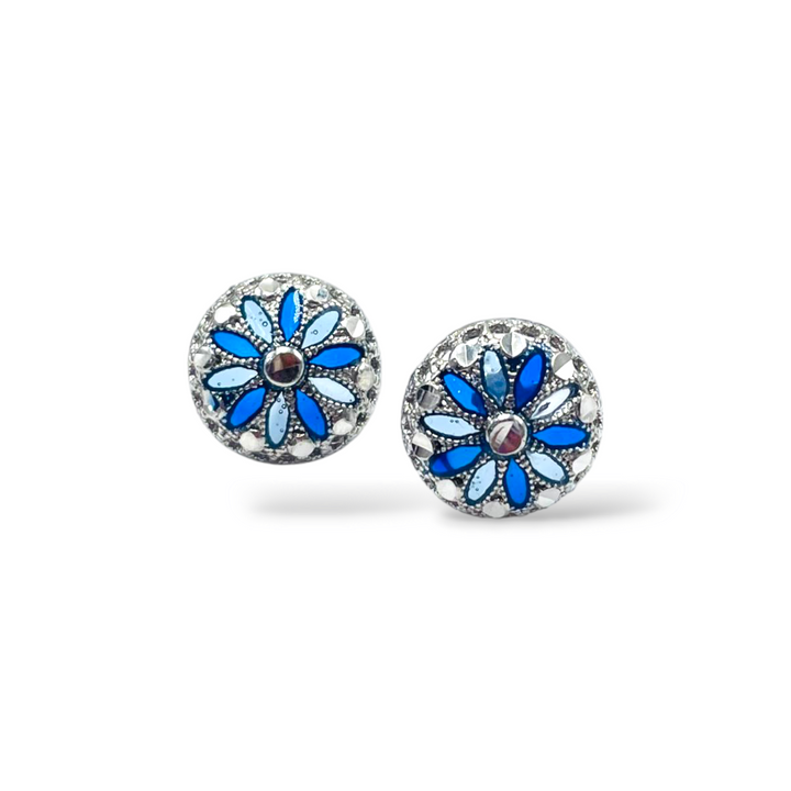 Filigree enameled silver flower earrings