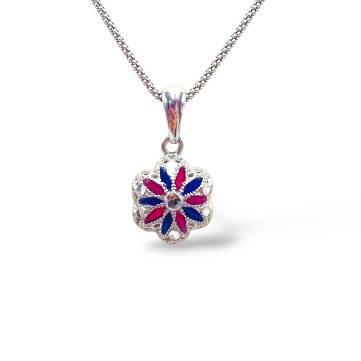 Flower pendant in enamelled silver with filigree workmanship