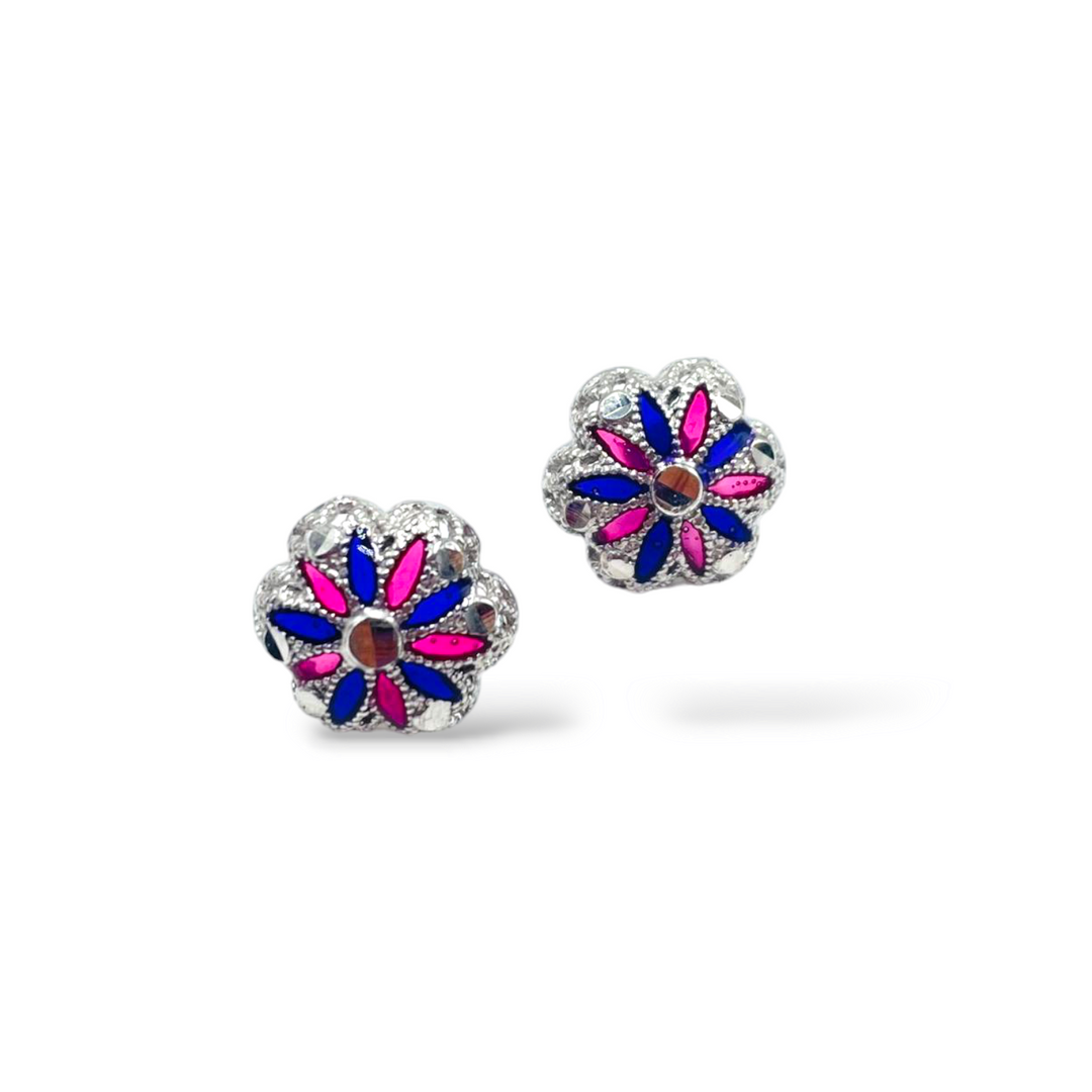 Filigree enameled silver flower earrings
