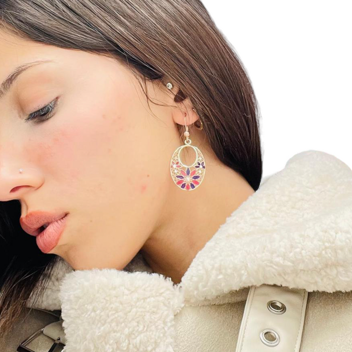 Filigree enameled silver flower earrings