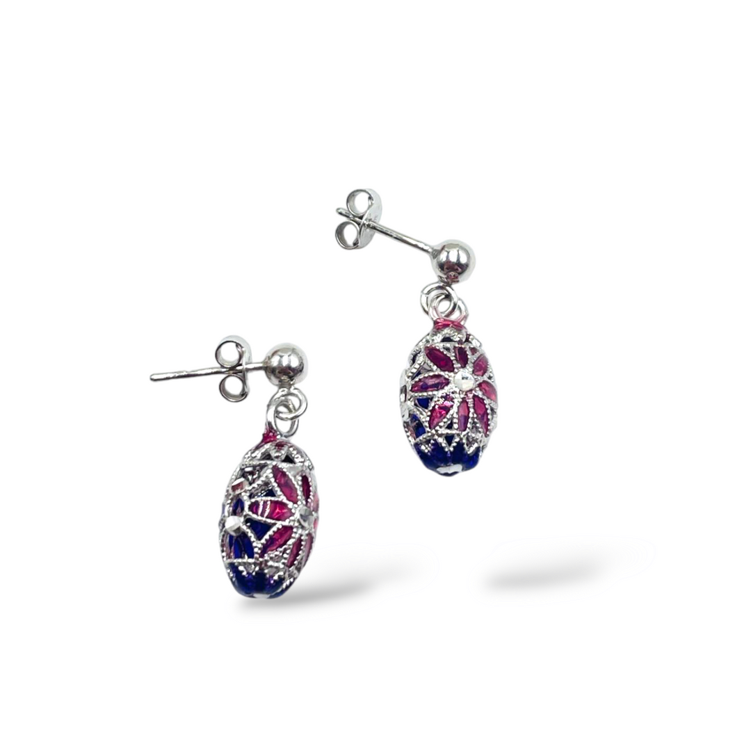 Filigree enameled silver flower earrings