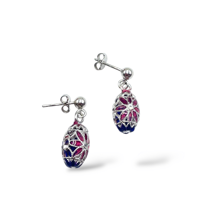 Filigree enameled silver flower earrings