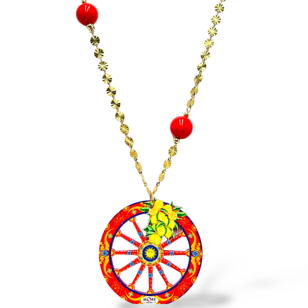 END OF COLLECTION - Wooden and colored agate wheel necklace