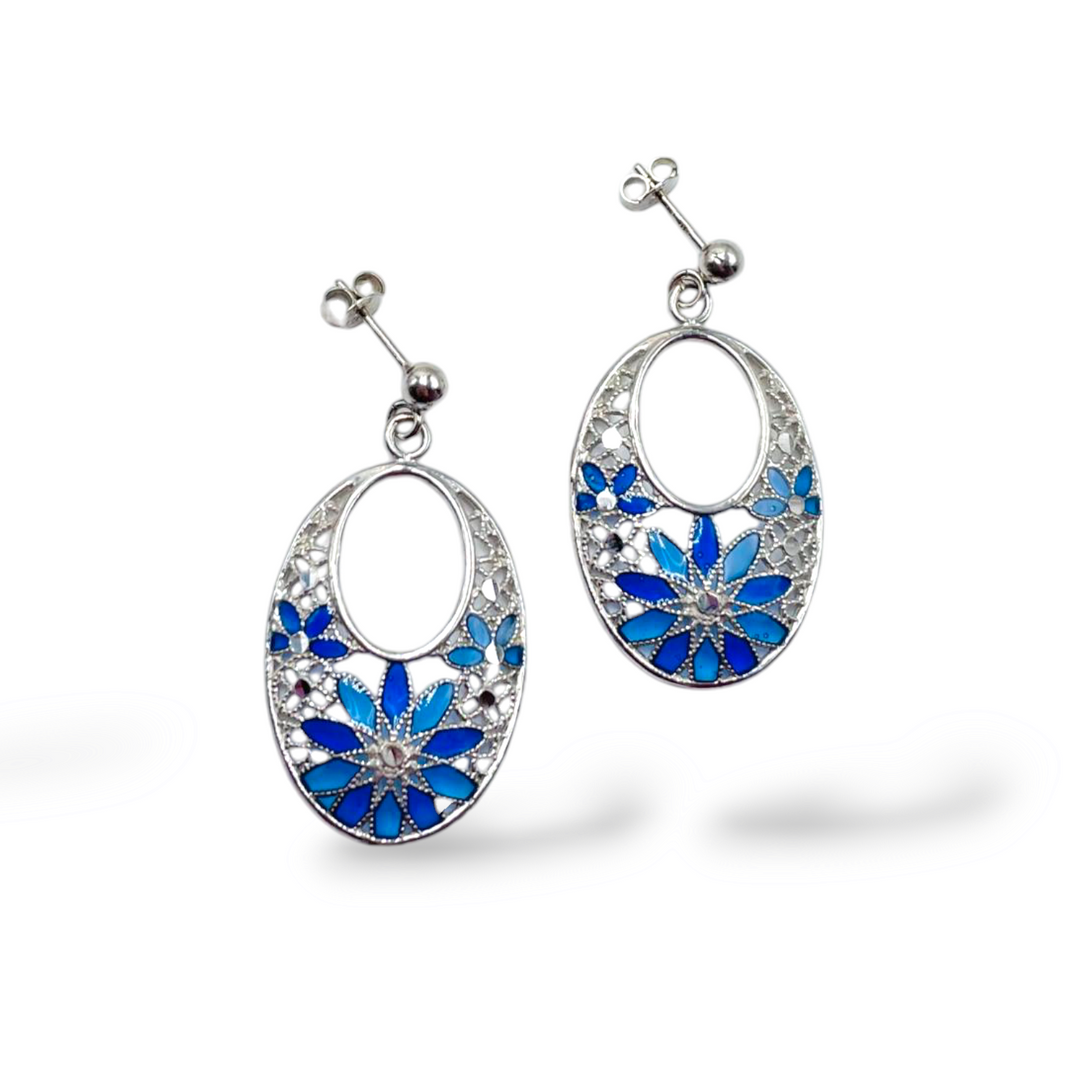 Filigree enameled silver flower earrings