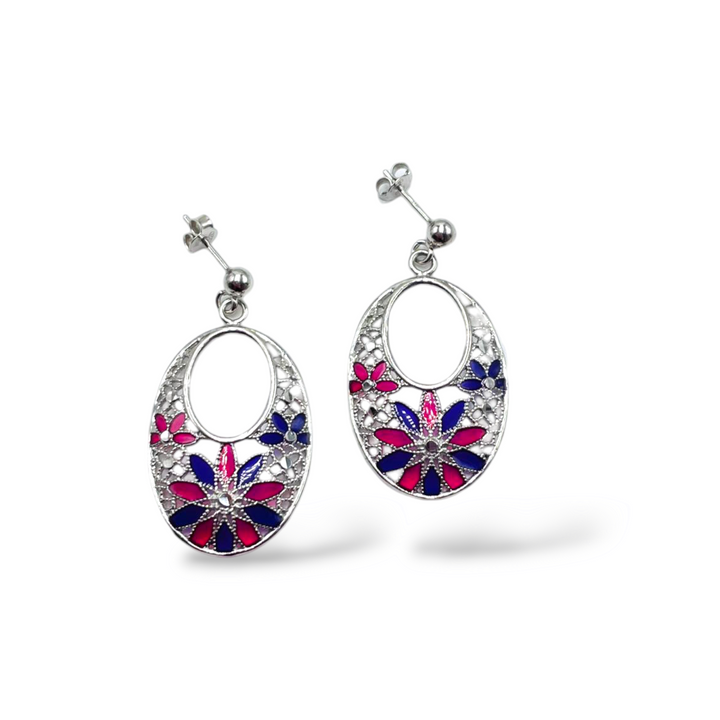 Filigree enameled silver flower earrings