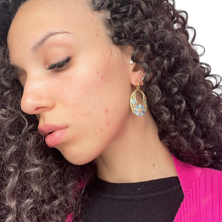 Filigree enameled silver flower earrings