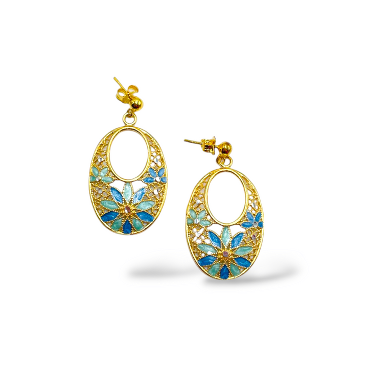Filigree enameled silver flower earrings