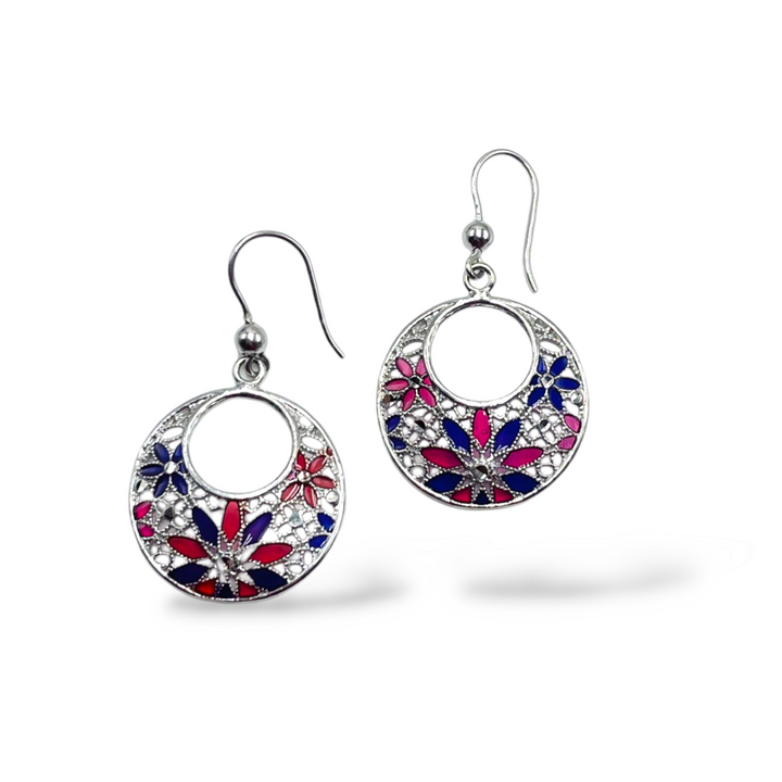 Filigree enameled silver flower earrings