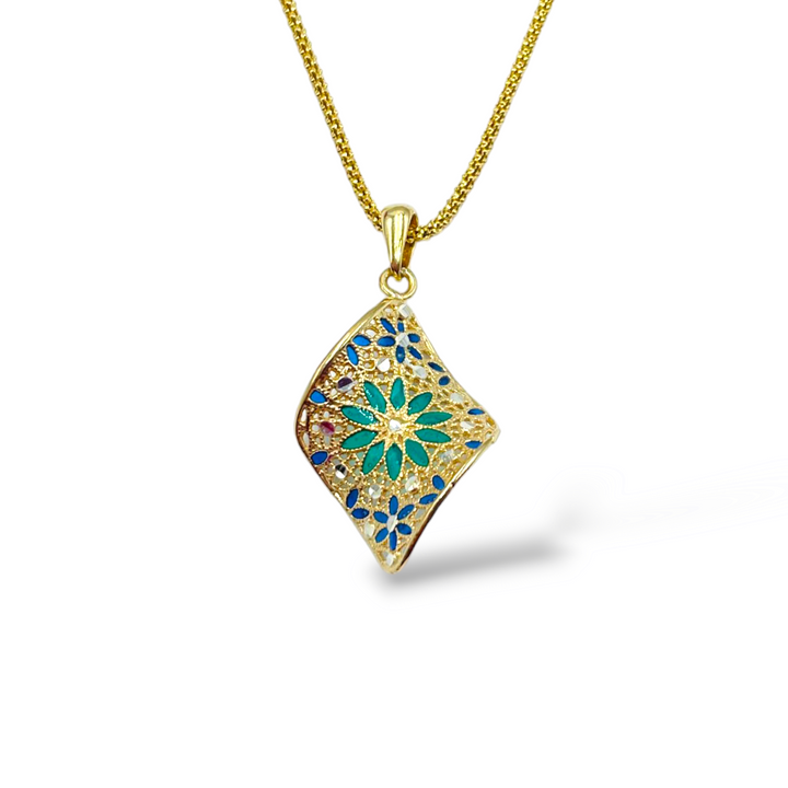 Flower necklace in enameled silver with filigree workmanship