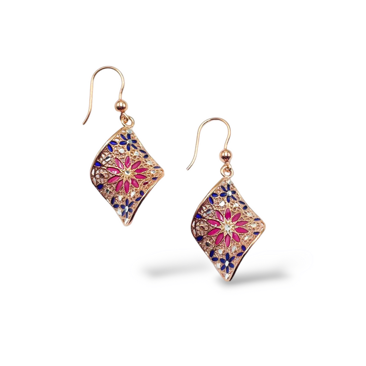 Rhombus flower earrings in enameled silver with filigree workmanship