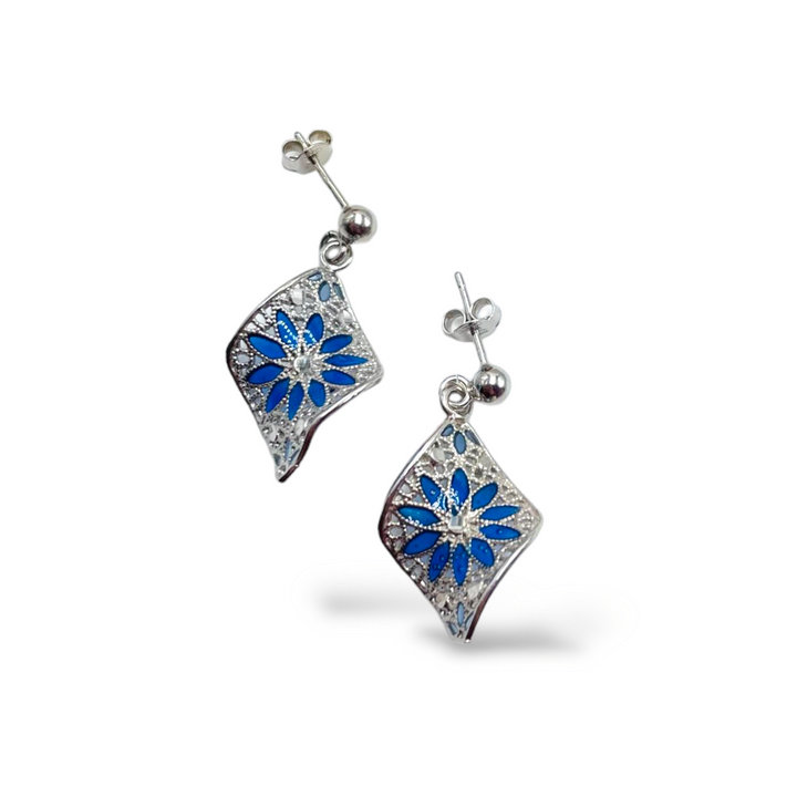 Filigree enameled silver flower earrings