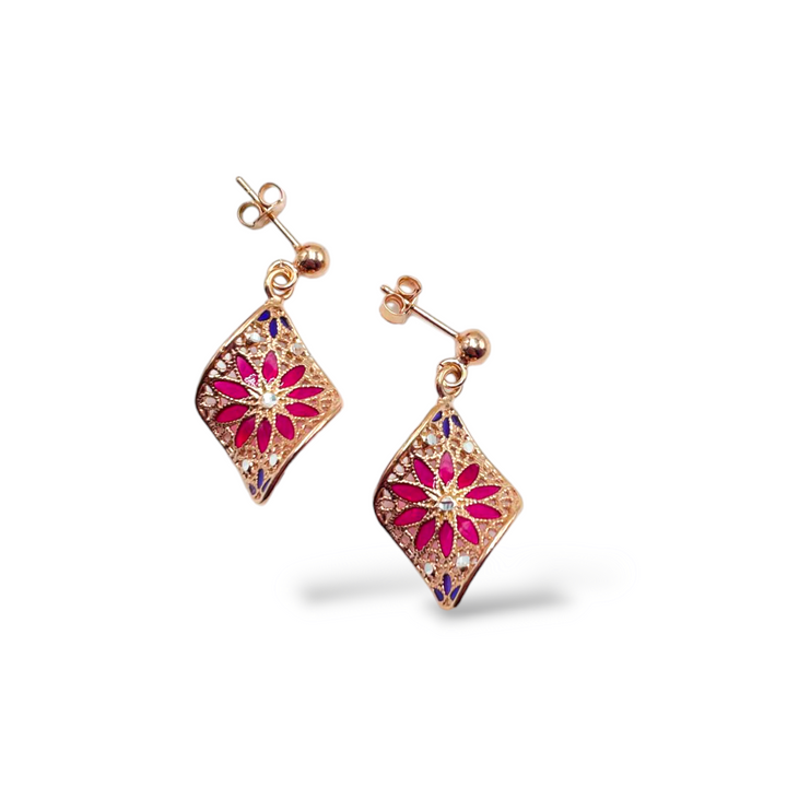 Filigree enameled silver flower earrings