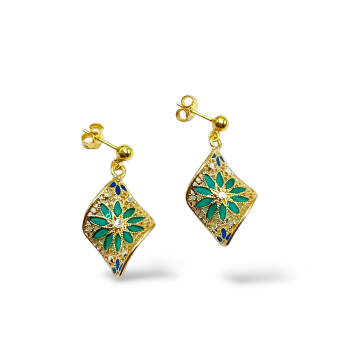Filigree enameled silver flower earrings