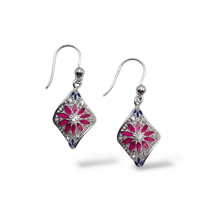 Filigree enameled silver flower earrings