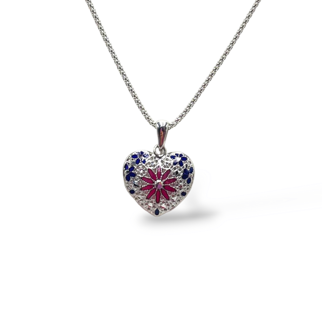 Silver heart pendant with enamel and filigree workmanship
