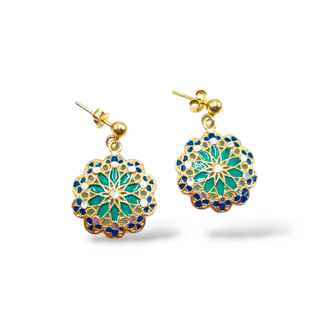 Filigree enameled silver flower earrings