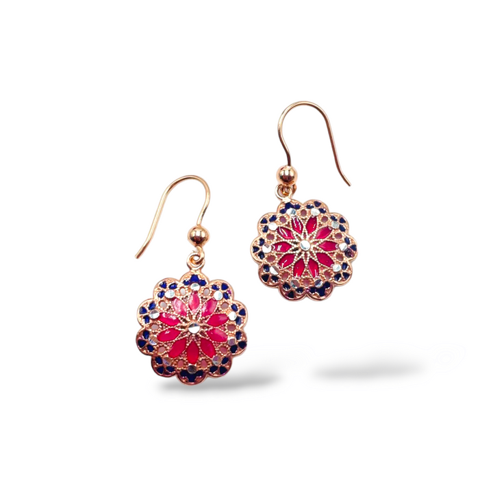 Filigree enameled silver flower earrings