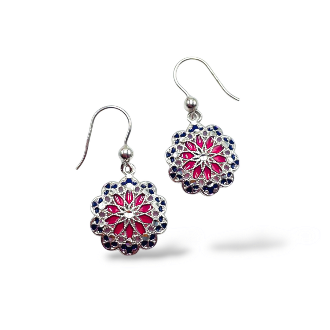 Filigree enameled silver flower earrings