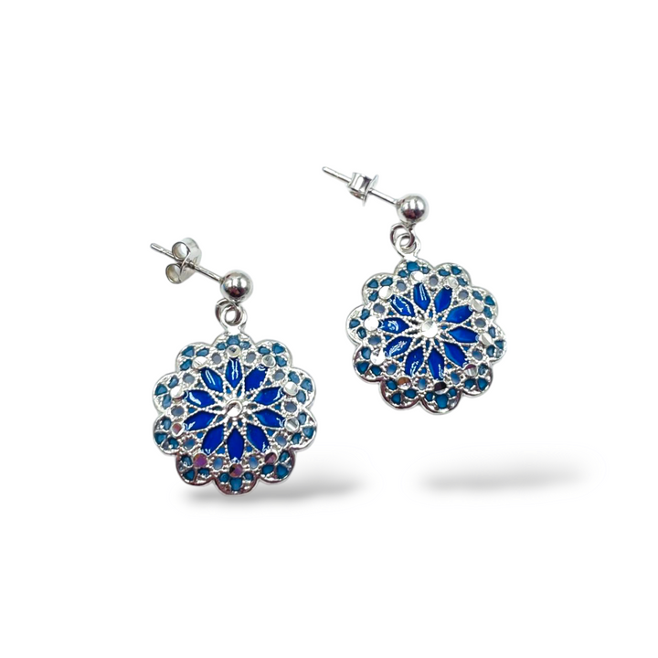 Filigree enameled silver flower earrings